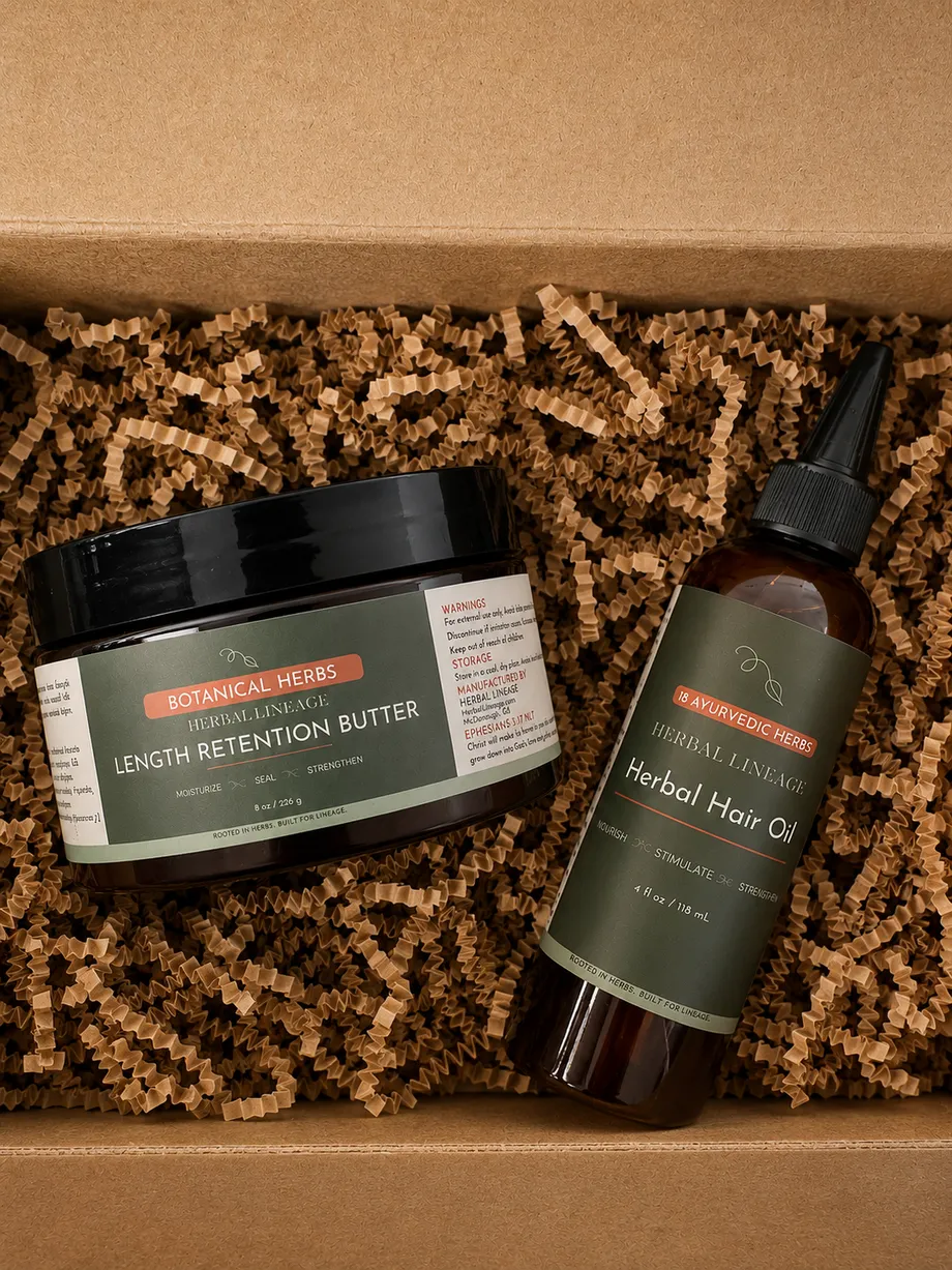 Length Retention Butter jar and Herbal Hair Oil bottle packed in a shipping box with crinkle paper