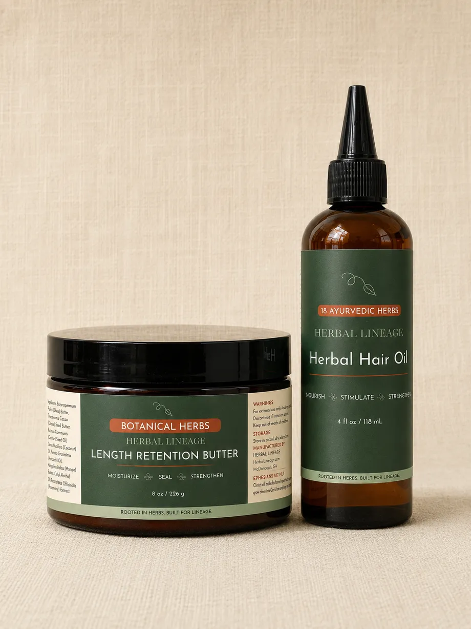 Length Retention Butter jar and Herbal Hair Oil bottle standing together on cream linen
