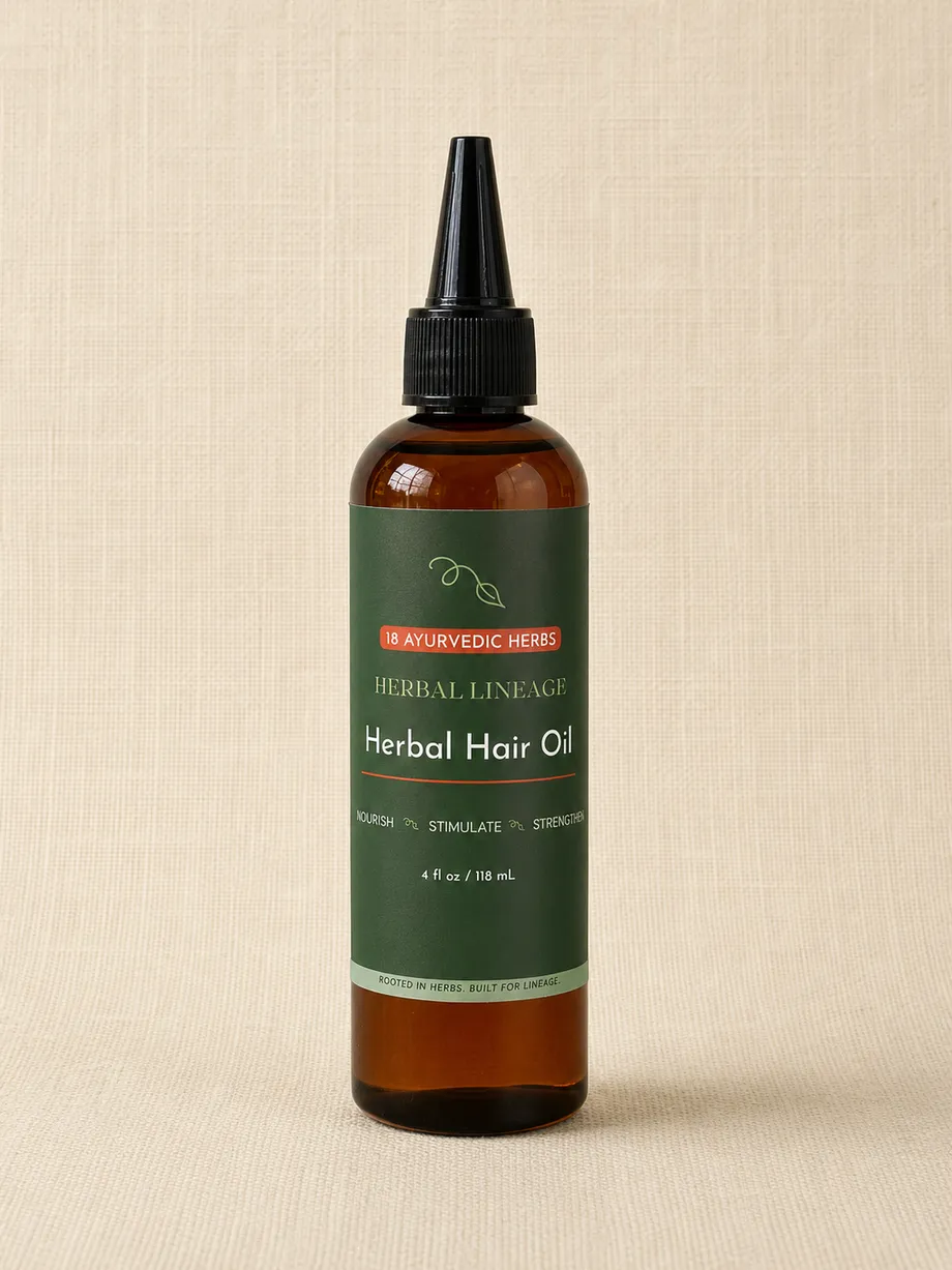 Herbal Hair Oil amber applicator bottle with green label and terracotta 18 Ayurvedic Herbs badge, on cream linen