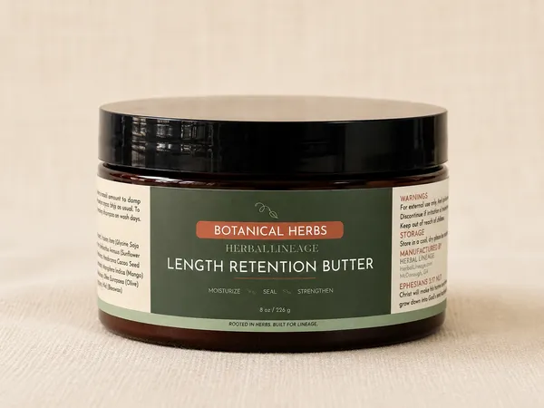 Length Retention Butter amber jar, green label with terracotta Botanical Herbs badge, on cream linen