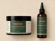 Repair and Retain Growth Bundle flat-lay: Length Retention Butter jar and Herbal Hair Oil bottle on cream linen